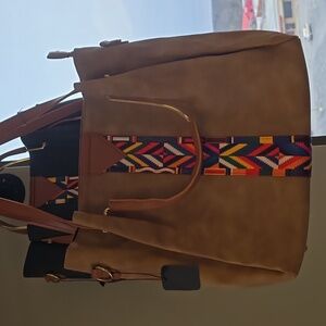 Elegant Tan Tote with Colorful Pattern